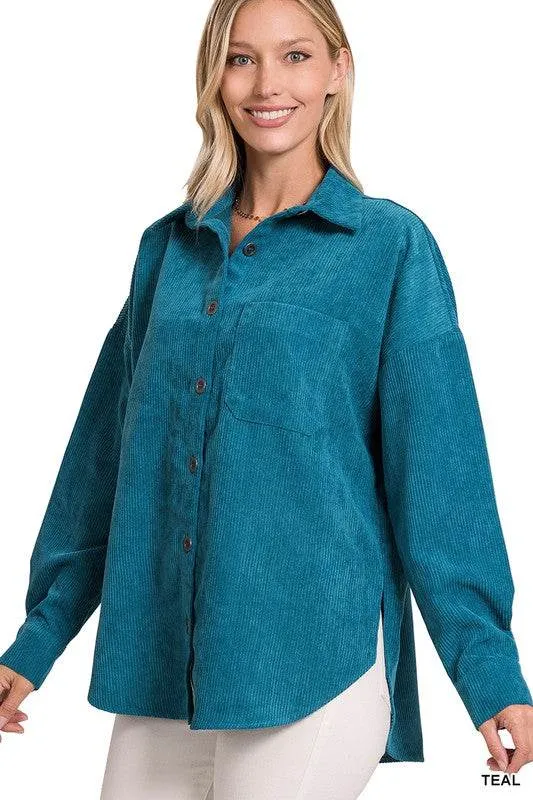 Zenana Oversize Corduroy Loose High Low Hem Collar Shacket