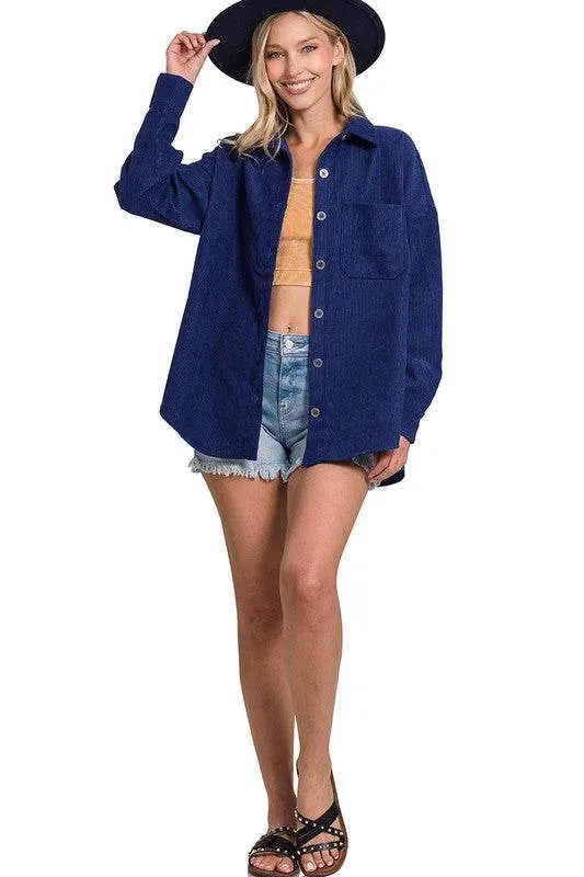 Zenana Oversize Corduroy Loose High Low Hem Collar Shacket