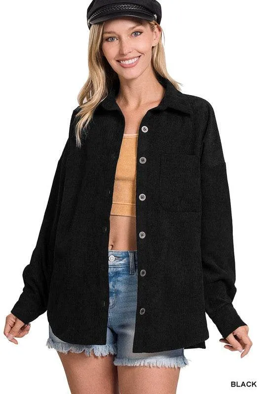 Zenana Oversize Corduroy Loose High Low Hem Collar Shacket